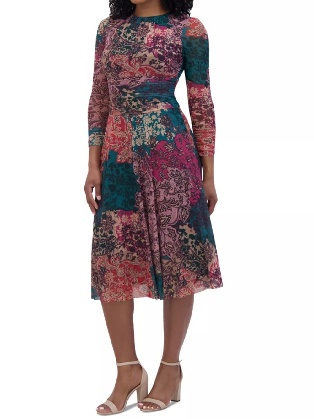Jessica Howard Paisley Forest Mesh Midi Dress Ruched Waist Long Sleeve Women 12P
